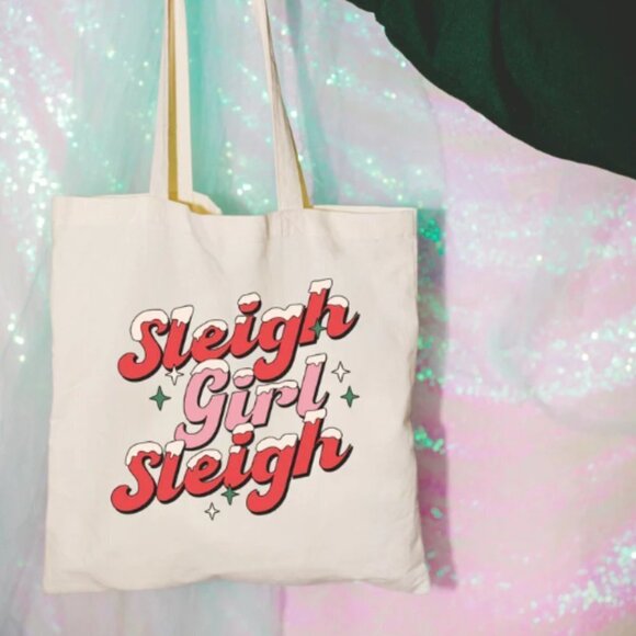 Sleigh Girl Sleigh NEW tan Christmas tote bag - Picture 1 of 1
